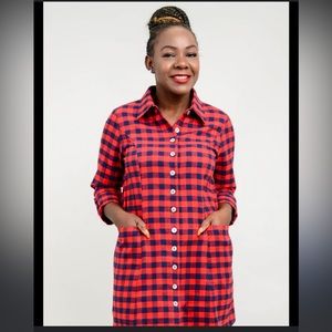 Larissa Tunic Blue Sky Clothing Red Black Plaid Button Down Dress Shirt Collar L